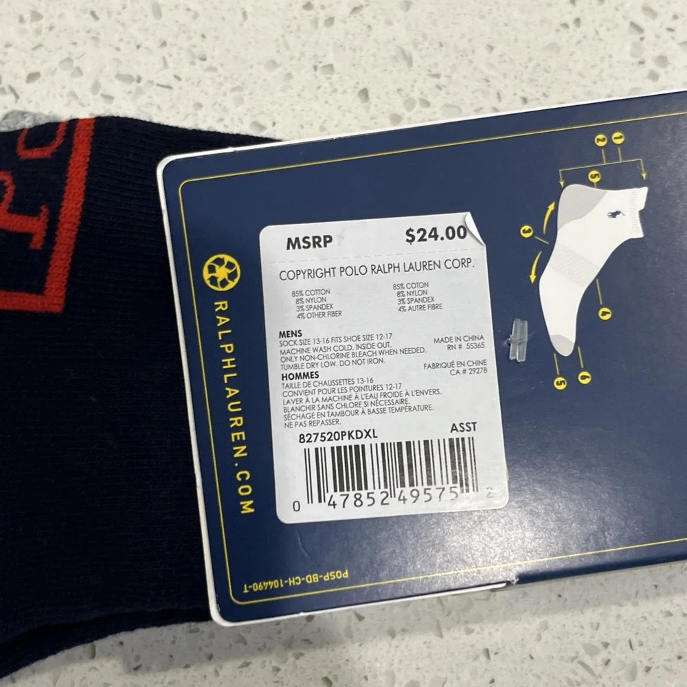 Polo Ralph Lauren Mens White Gray Technical Sport 3 Pair Athletic Socks One Size